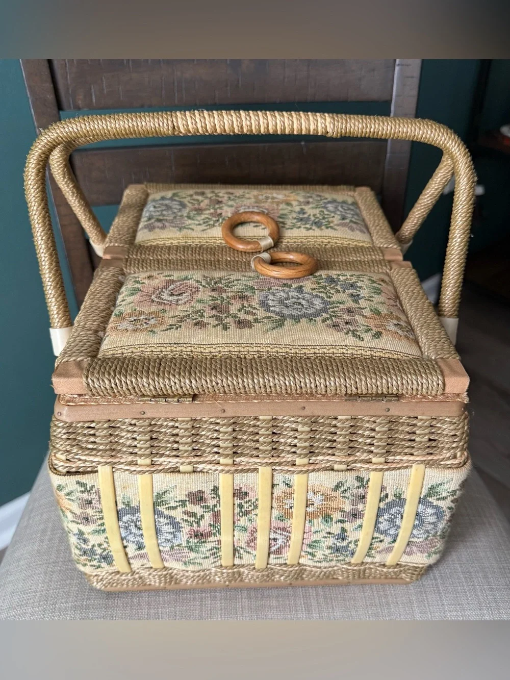 Vintage AZAR Woven Wicker Sewing Basket with Floral Tapestry